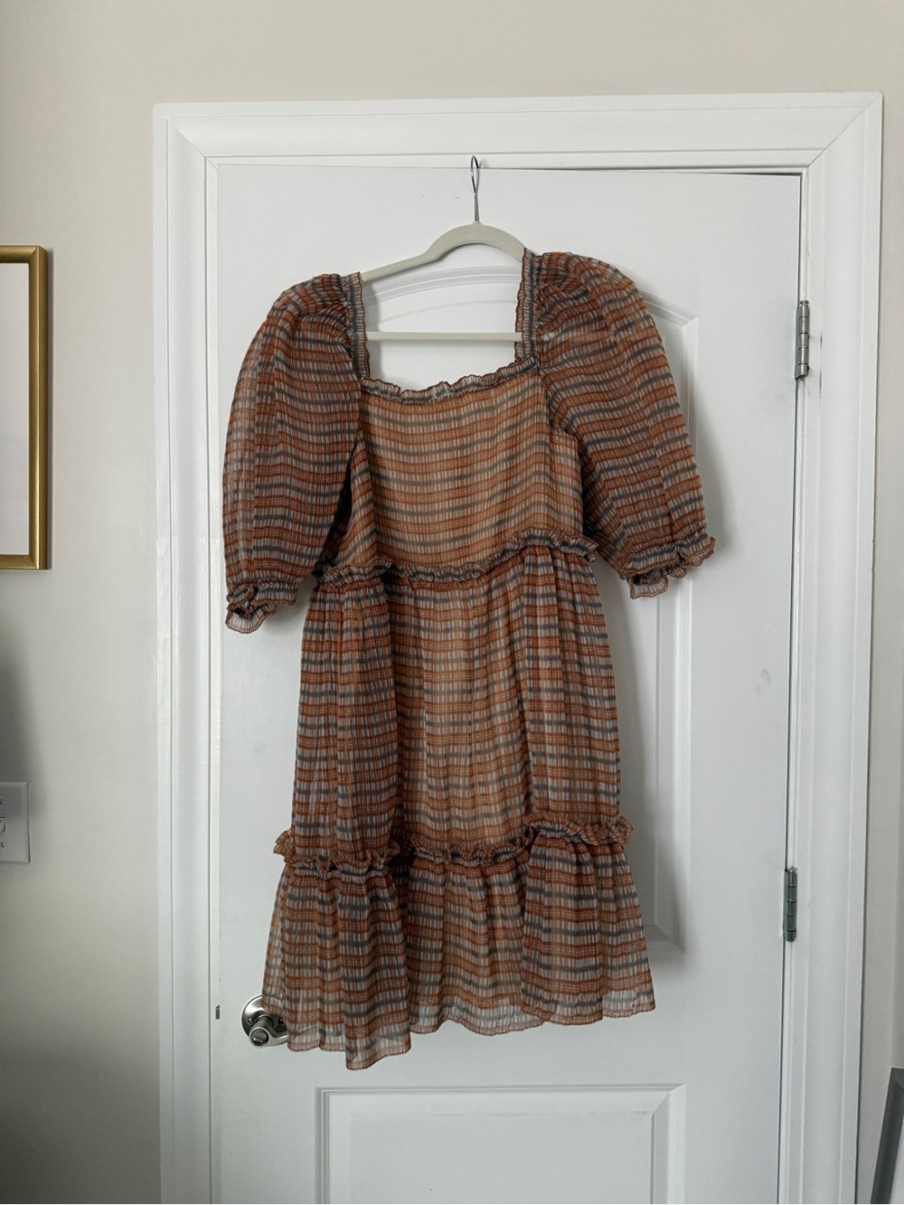 Sea New York Rust & blue plaid Tiered Puff-Sleeve Dress